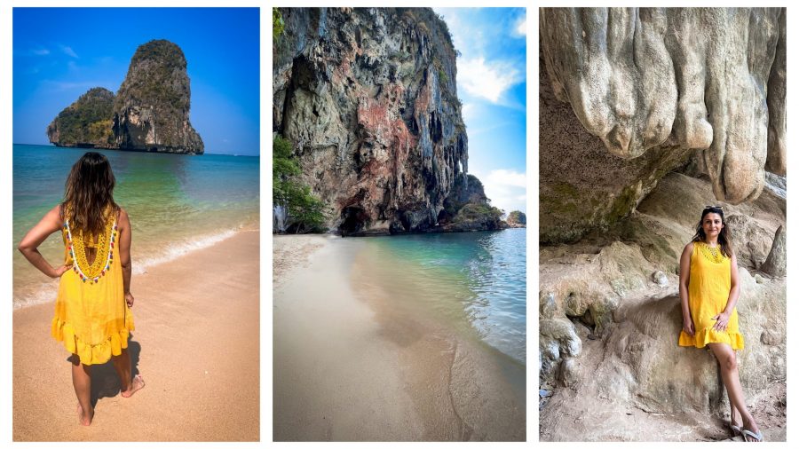 A scenic view of Phra Nang Beach, featuring soft white sand, turquoise waters, and towering limestone cliffs.