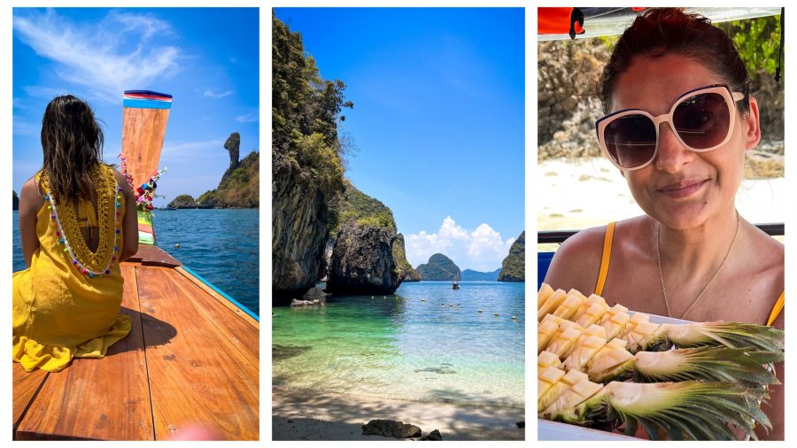 Close-up of a woman savouring pineapple, with sandy shores in the background and sitting on the edge of a longtail boat, surrounded by clear waters and tropical scenery during Thailand's Four Island Tour