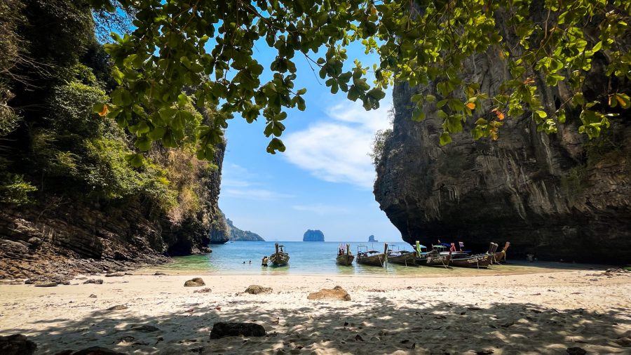 Thailand's Four Island Tour - A secluded tropical island with soft white sand, swaying palm trees, and crystal-clear water.