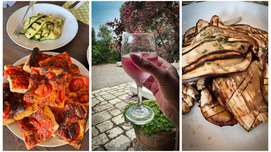 Wine, aubergine and foccacia