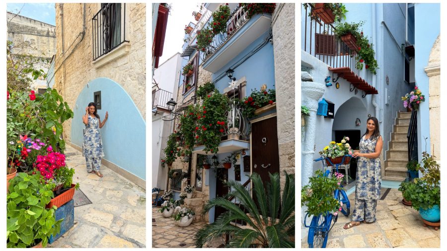 The pretty buildings and me exploring in the blue village of Cassamasima