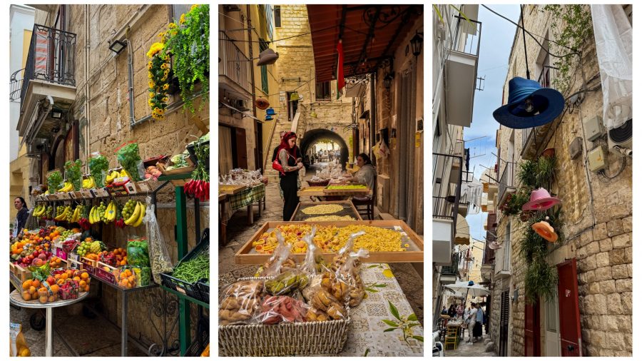 Oriechette Street or Strada del Oriechette with fruit markets, hats hanging overhead, laundry out to dry and Nonnas making pasta