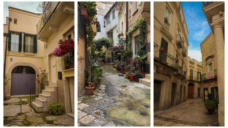 Hidden gems in Puglia: quiet village street with rustic stone houses and blooming flowers