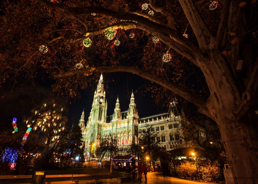 Christmas Markets in Europe - Vienna with festive lights and holiday stalls.