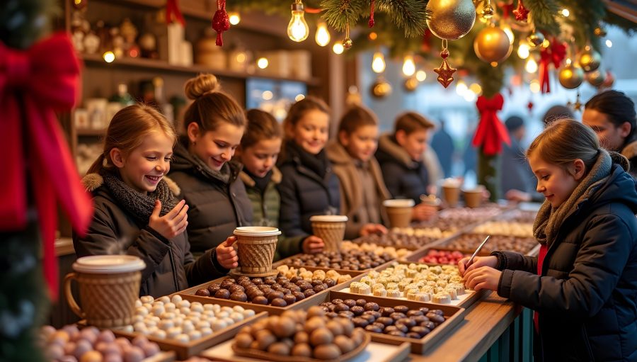 Christmas market stall selling ornaments, gifts and seasonal treats