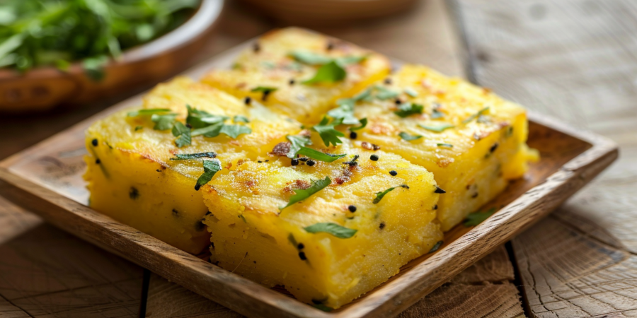 Spongy yellow dhokla served with green chutney