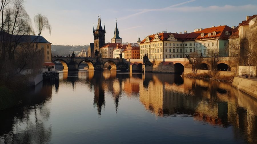 Charles Bridge in Prague during a weekend in Prague, with golden sunset lighting.