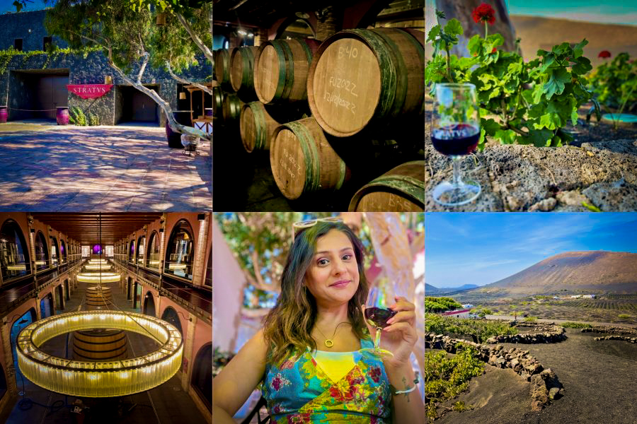 Plates of food and wine tasting at Bodega Stratvs in Lanzarote.