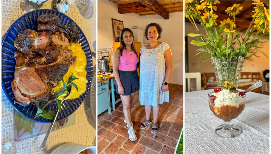 Me with a qoman smiling inside traditional guesthouse in Harghita County, Romania.
