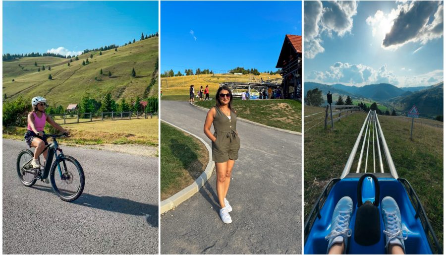 Woman biking on forest trail and riding an alpine coaster in Harghita County, Romania.