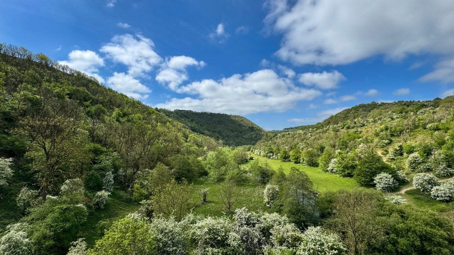 Panoramic view of green hills and valleys in the Peak District National Park - one of the best day trips from London