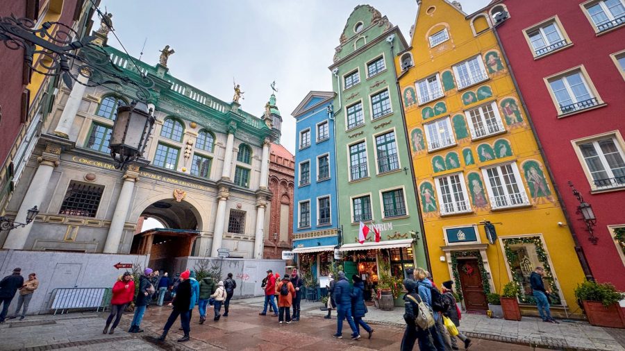 Gdansk old town streets decorated with Christmas lights and ornaments