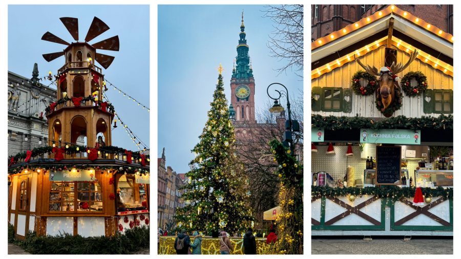Gdansk Christmas Market with festive stalls, carousels and lights.