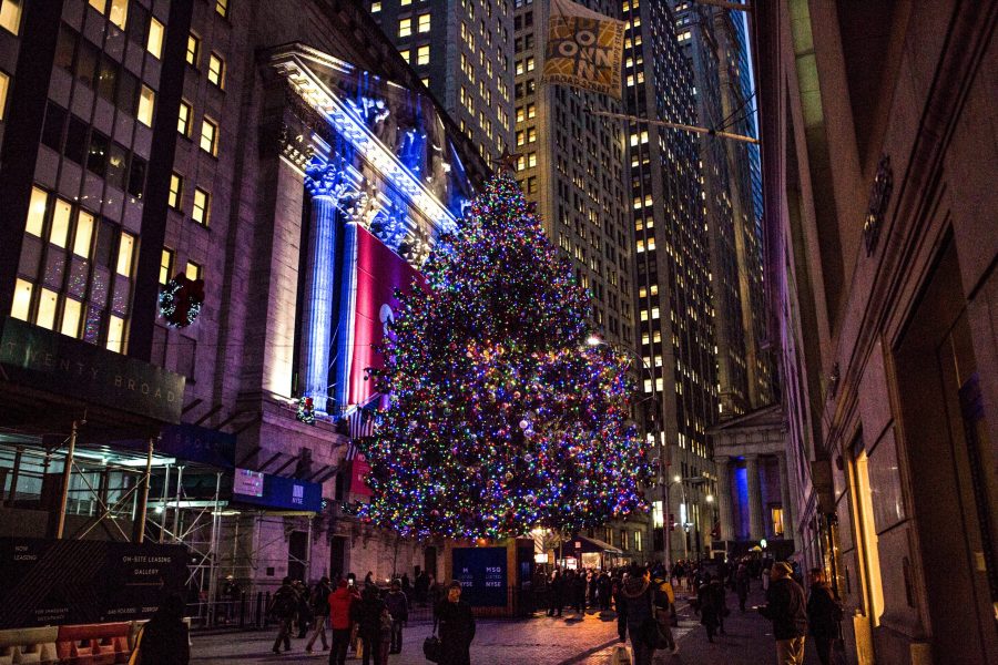 Christmas tree in Wall Street during Christmas in New York, decorated with lights and ornaments.