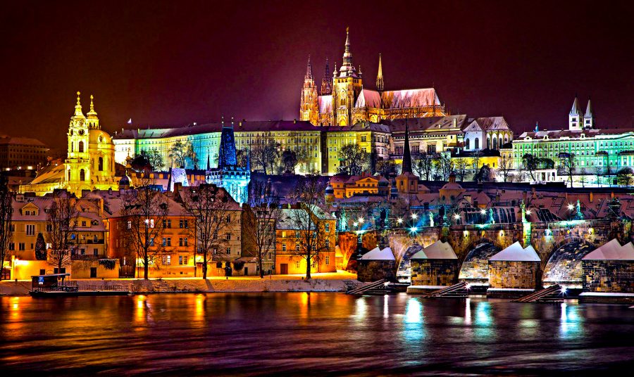Romantic Prague lit up at night