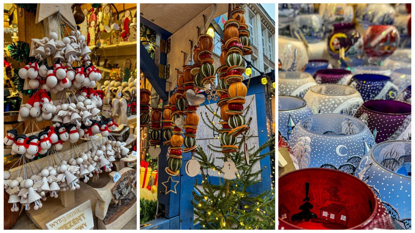 Handcrafted ornaments and festive gifts on display at the Gdansk Christmas Market, Poland.