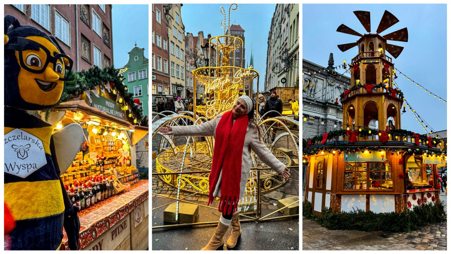 Rosie standing by twinkling lights and festive market decorations in Gdańsk Old Town.