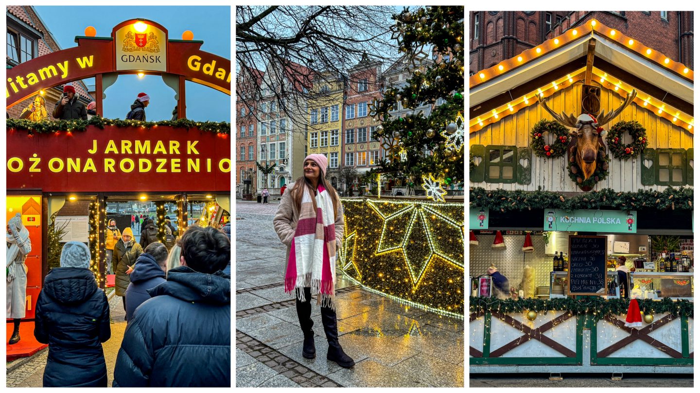 Rosie posing next to a beautifully decorated Christmas tree at Gdansk Christmas Market.