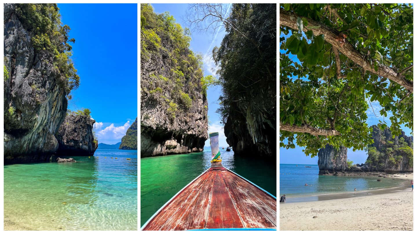Longtail boats and views of the sea and cliffs