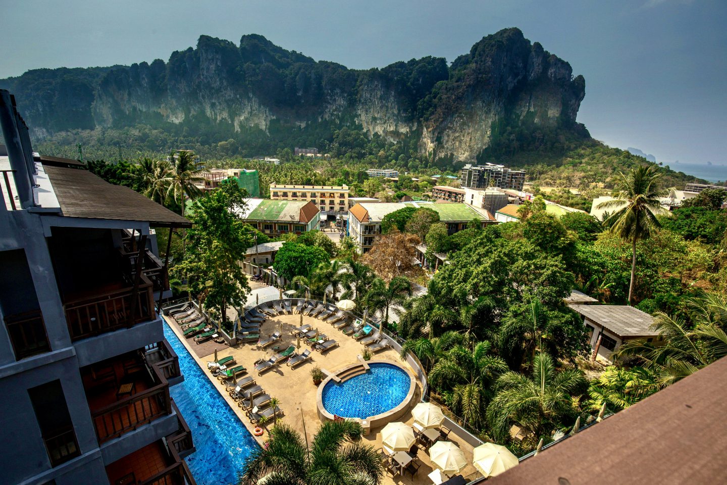 An aerial view of a pool