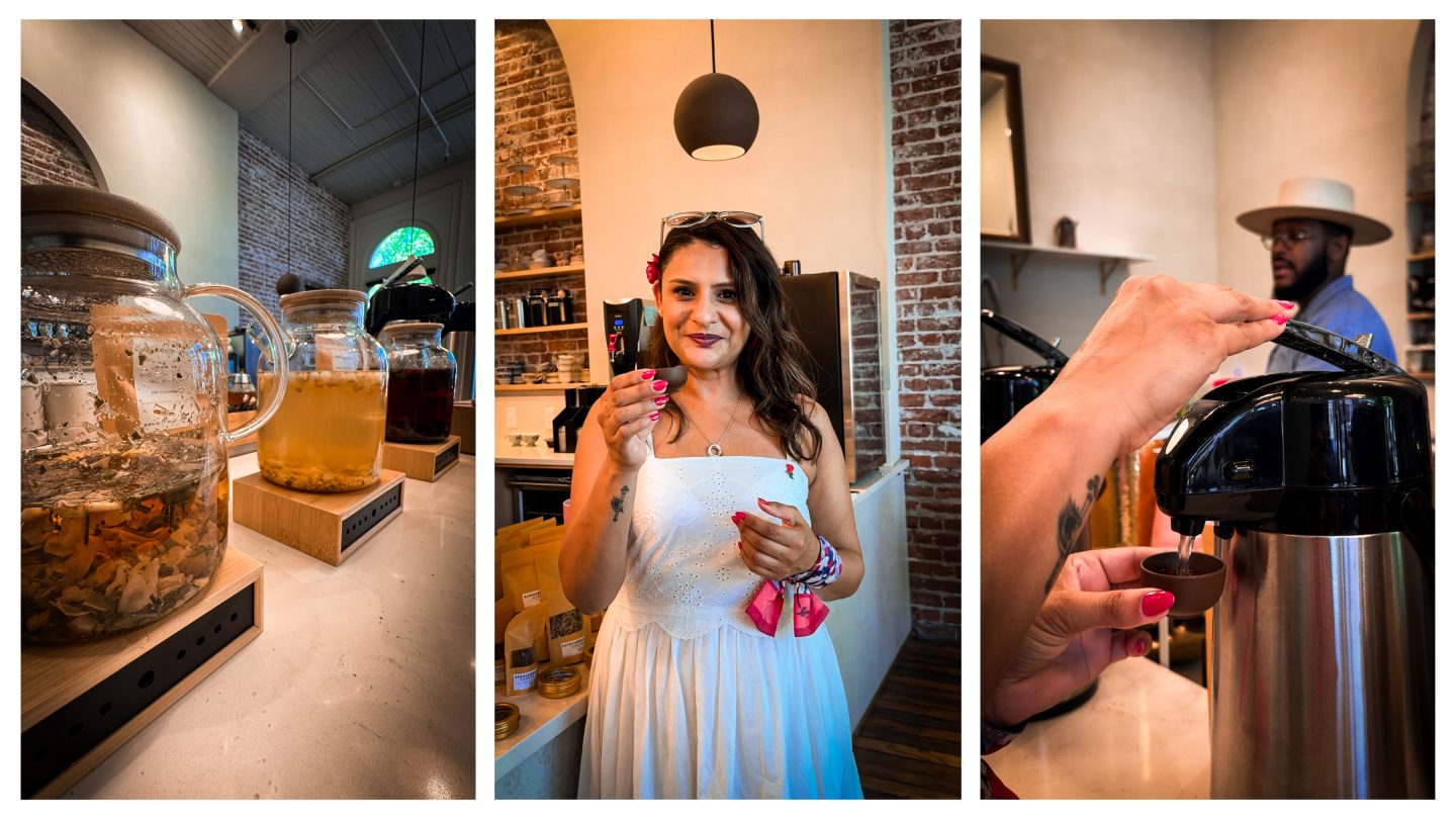 A woman trying some tea