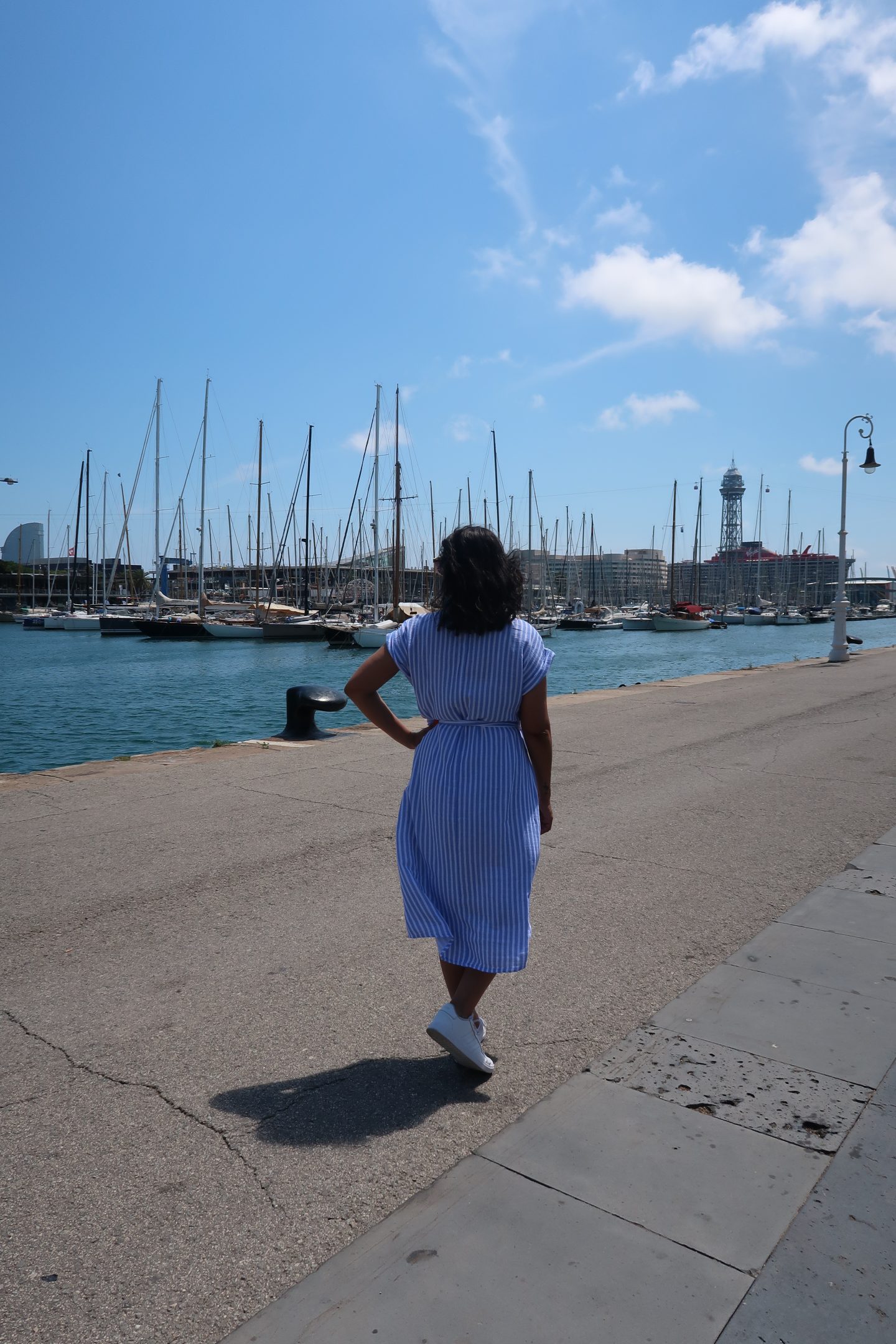 Rosie enjoying the marina and port view from Virgin Voyages Scarlet Lady