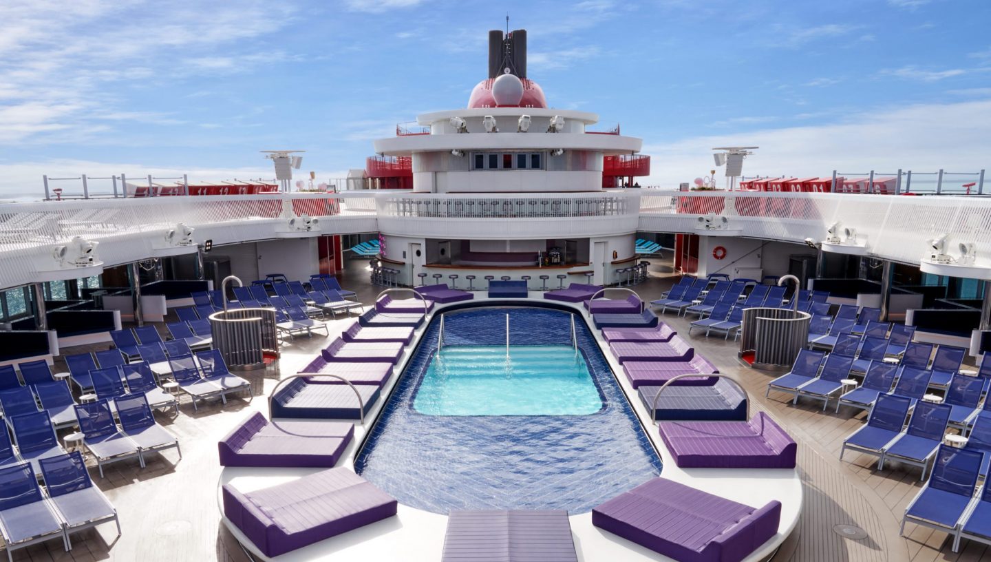 Pool deck area on Virgin Voyages cruise ship during a sea day