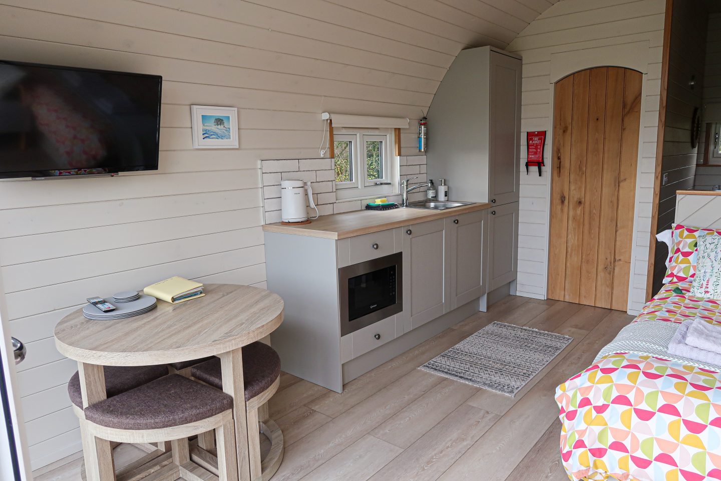 The inside of a luxury glamping pod at 3Trees in Matlock