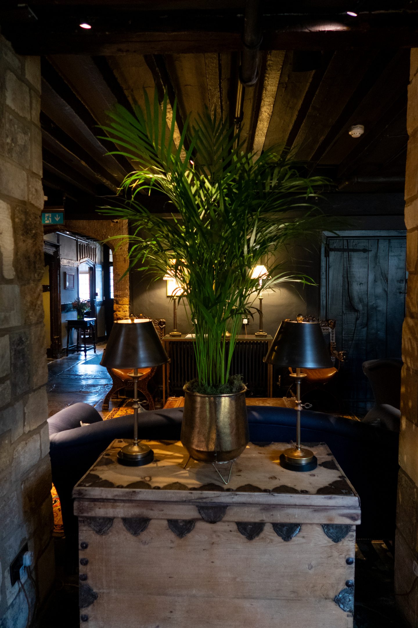 A plant pot and lamps on a wooden chest in a lounge area at The Lygon Arms