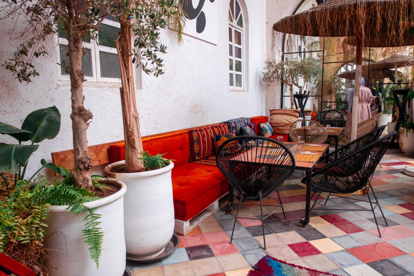 Colourful seating in an outdoor cafe