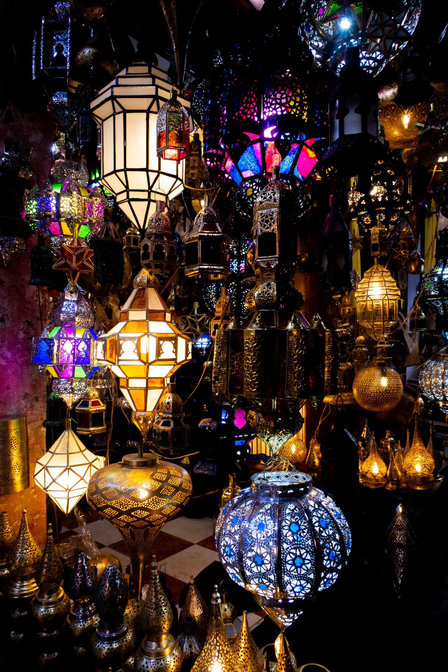 Lanterns hanging in a Marrakesh alley