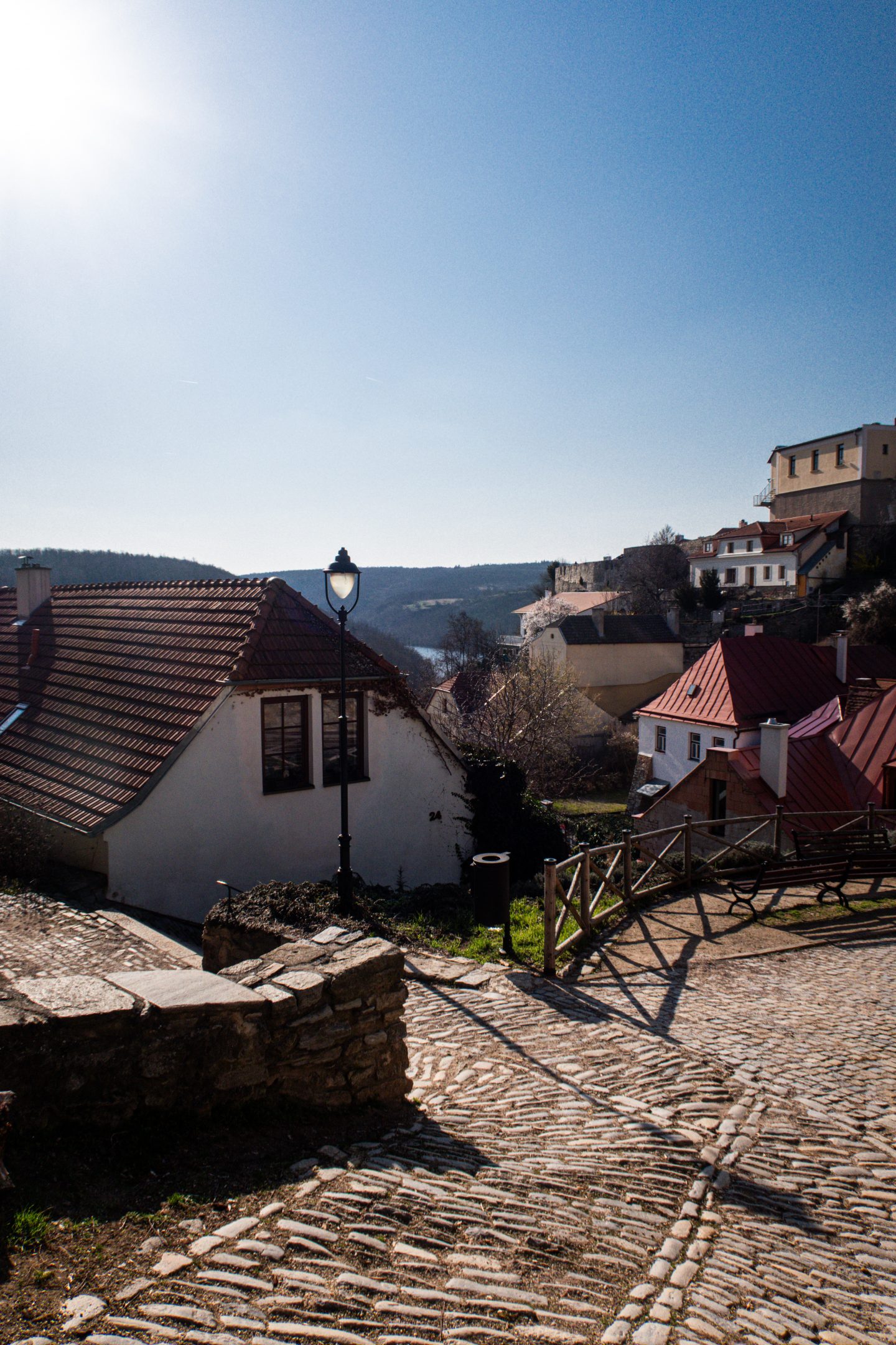 A view of the town and pathways of Znojmo in South Moravia wine country