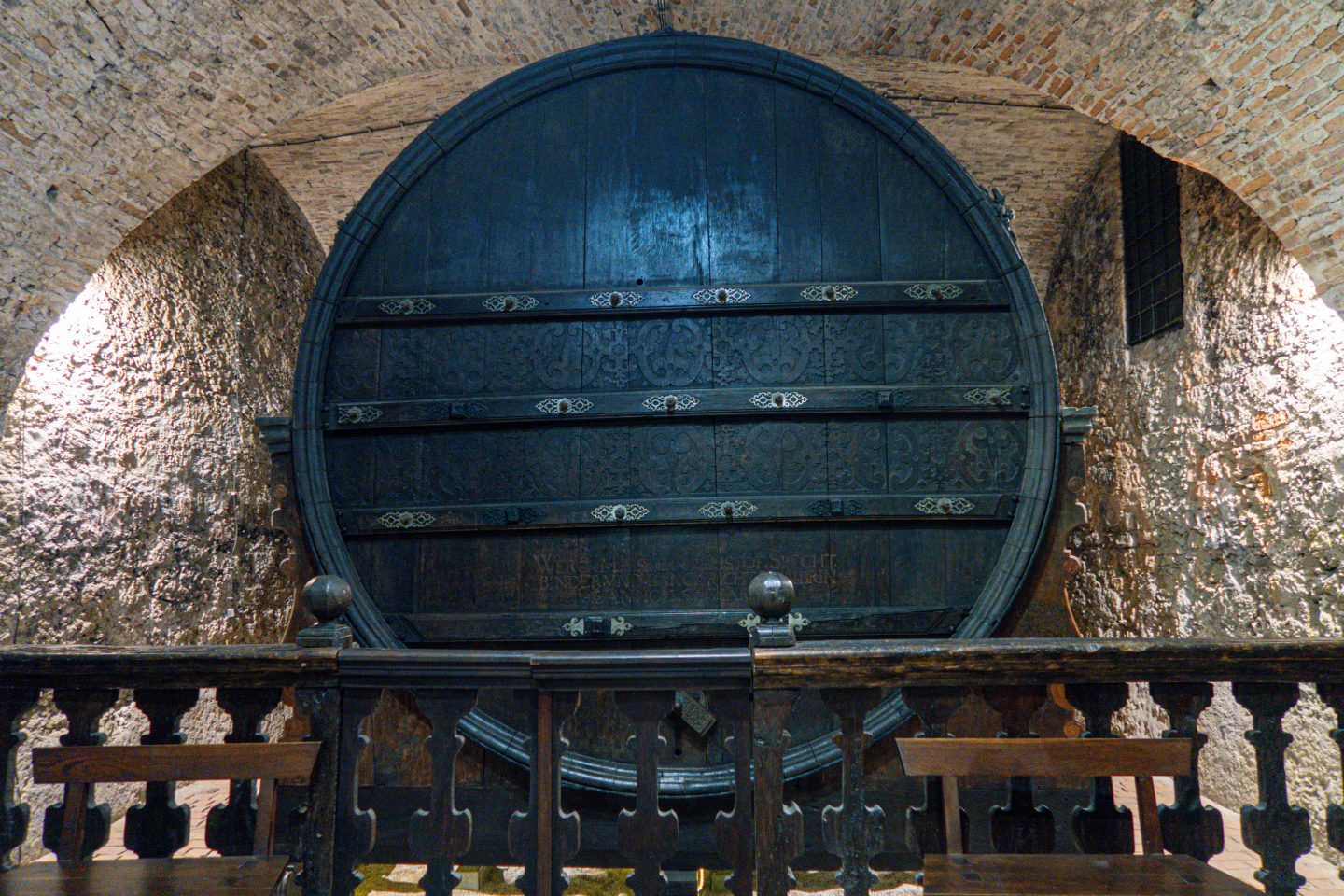 A big wine barrell in the cellar of the chateau in Mikulov in the Czech Republic