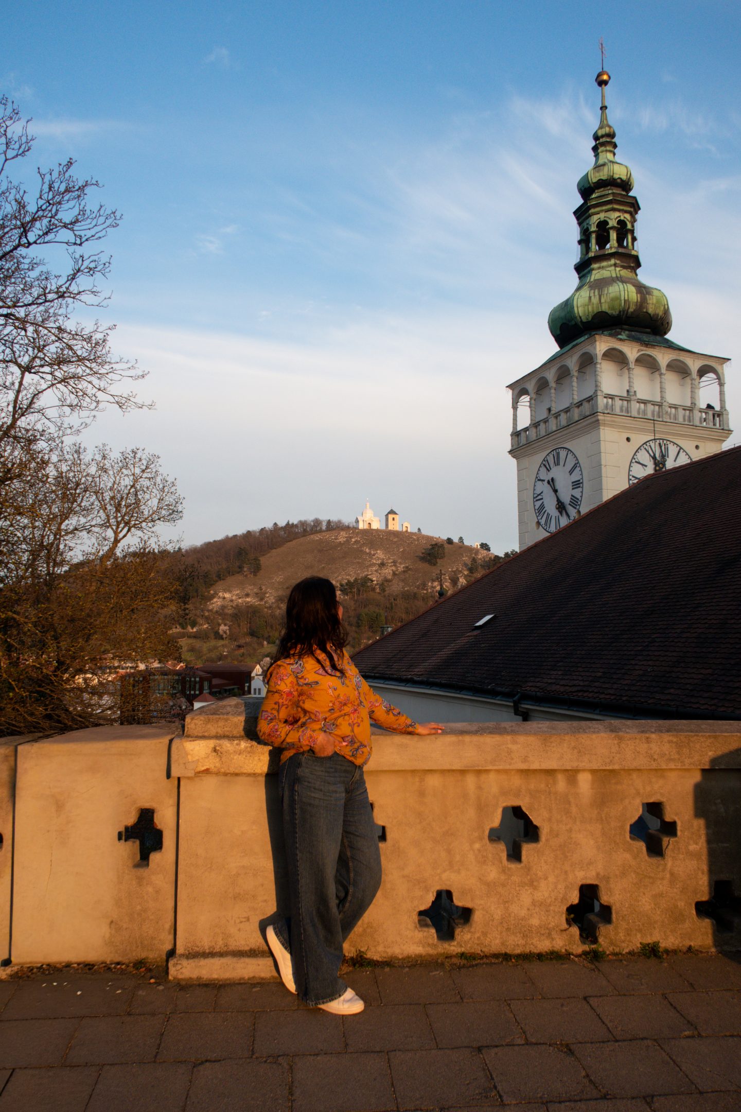 A view of the clock tower at sunset in Mikulov in Czechia