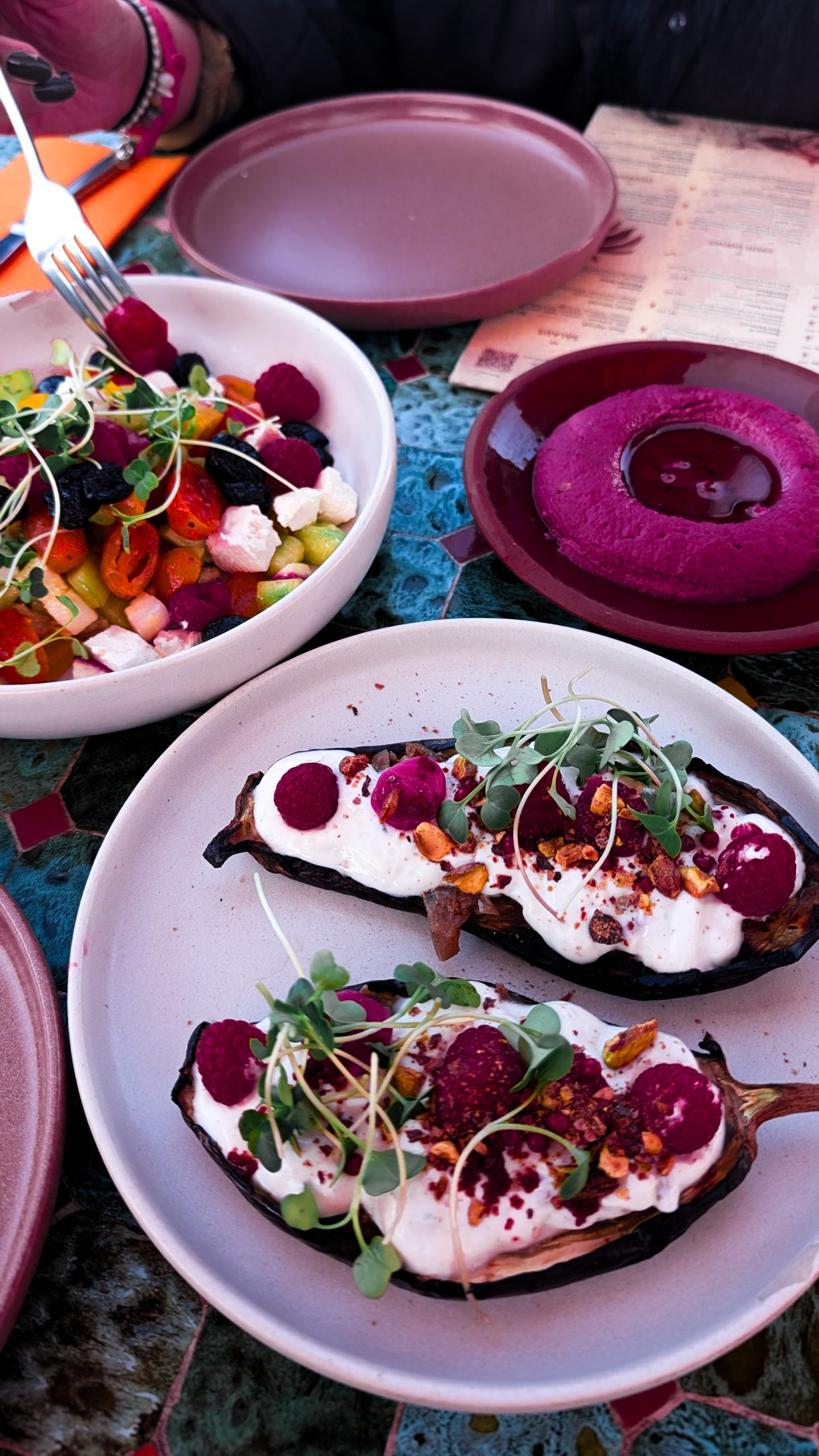 Beetroot hummus and stuffed aubergines