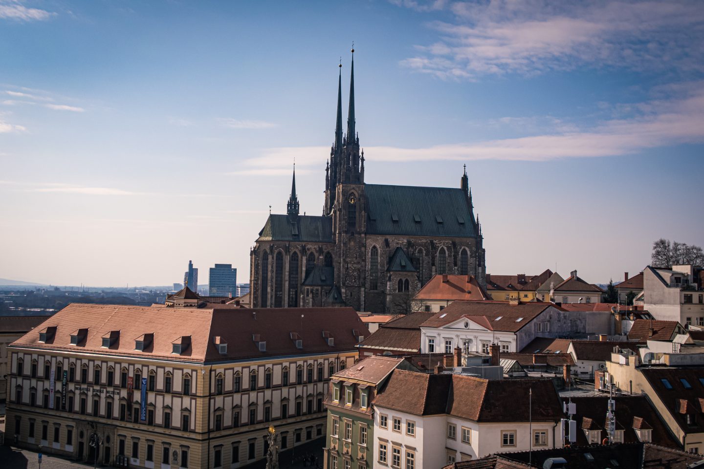 St Peter and Paul Cathedral on the hill and rooftops in Brno