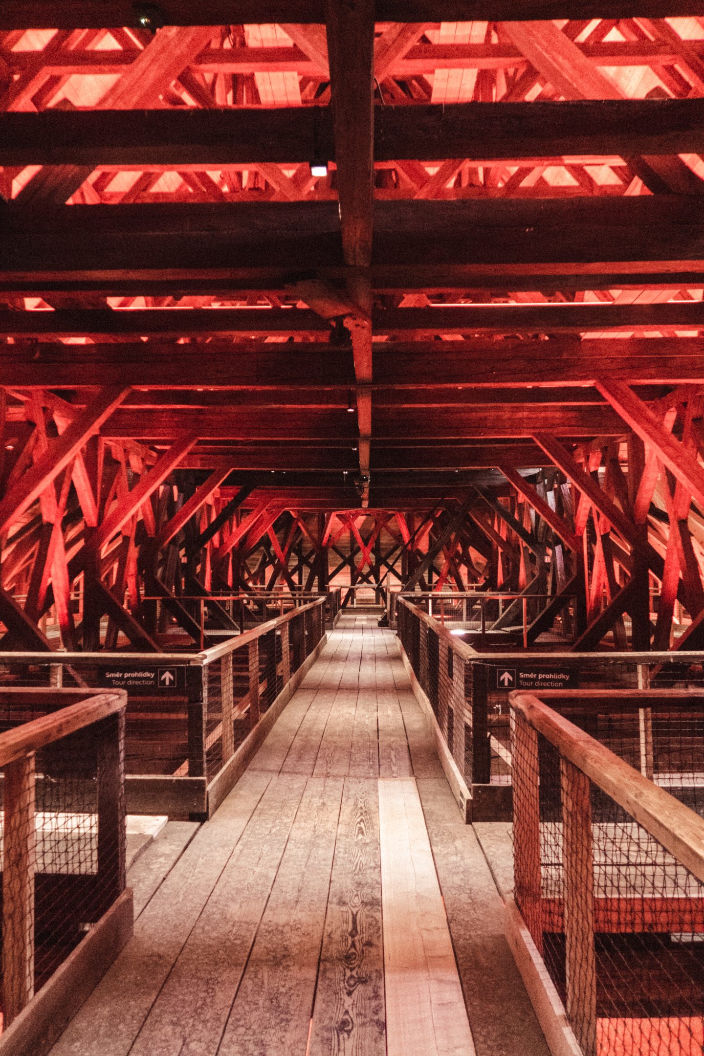 The trusses lit up at St James Church, Brno