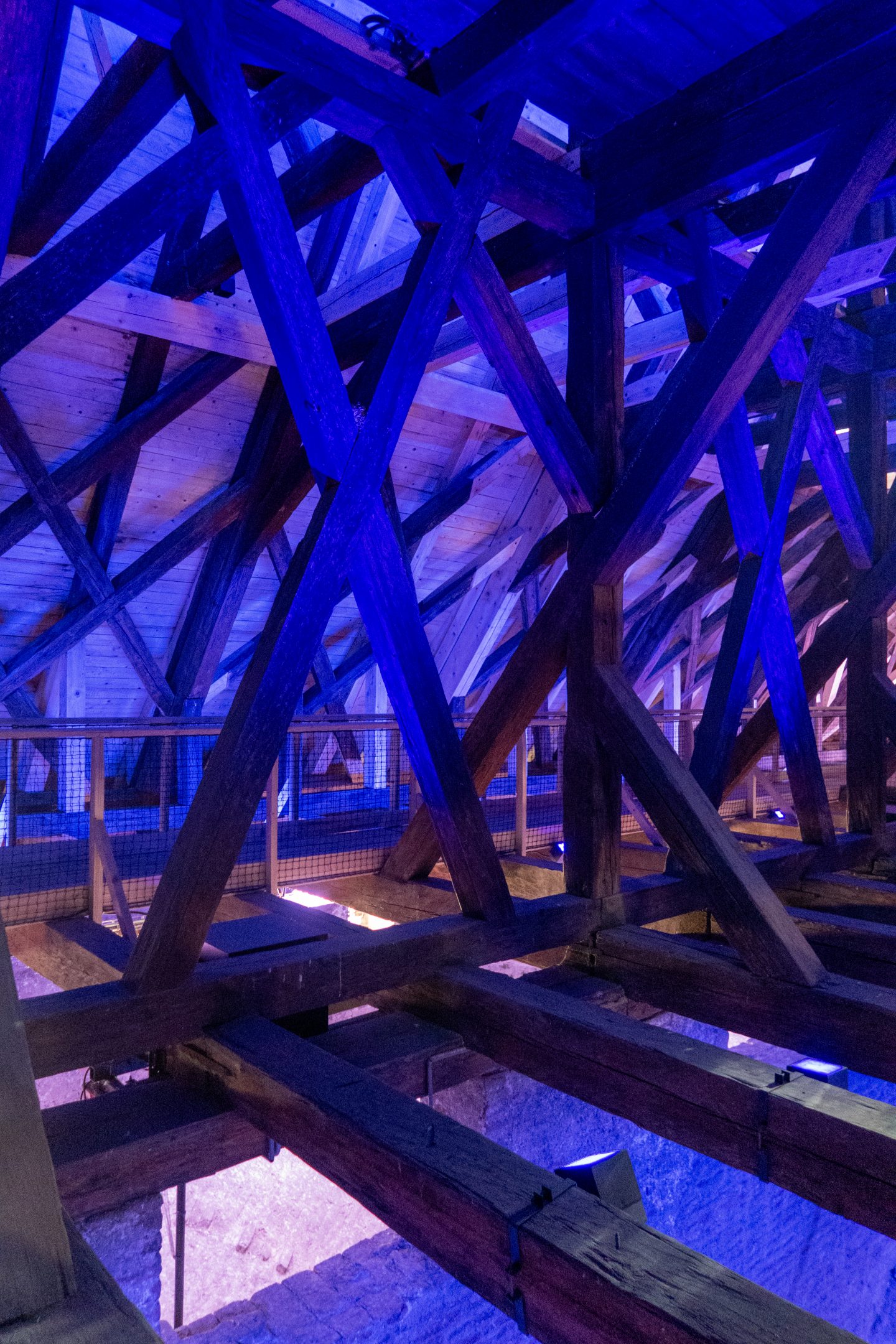 The trusses lit up at St James Church, Brno