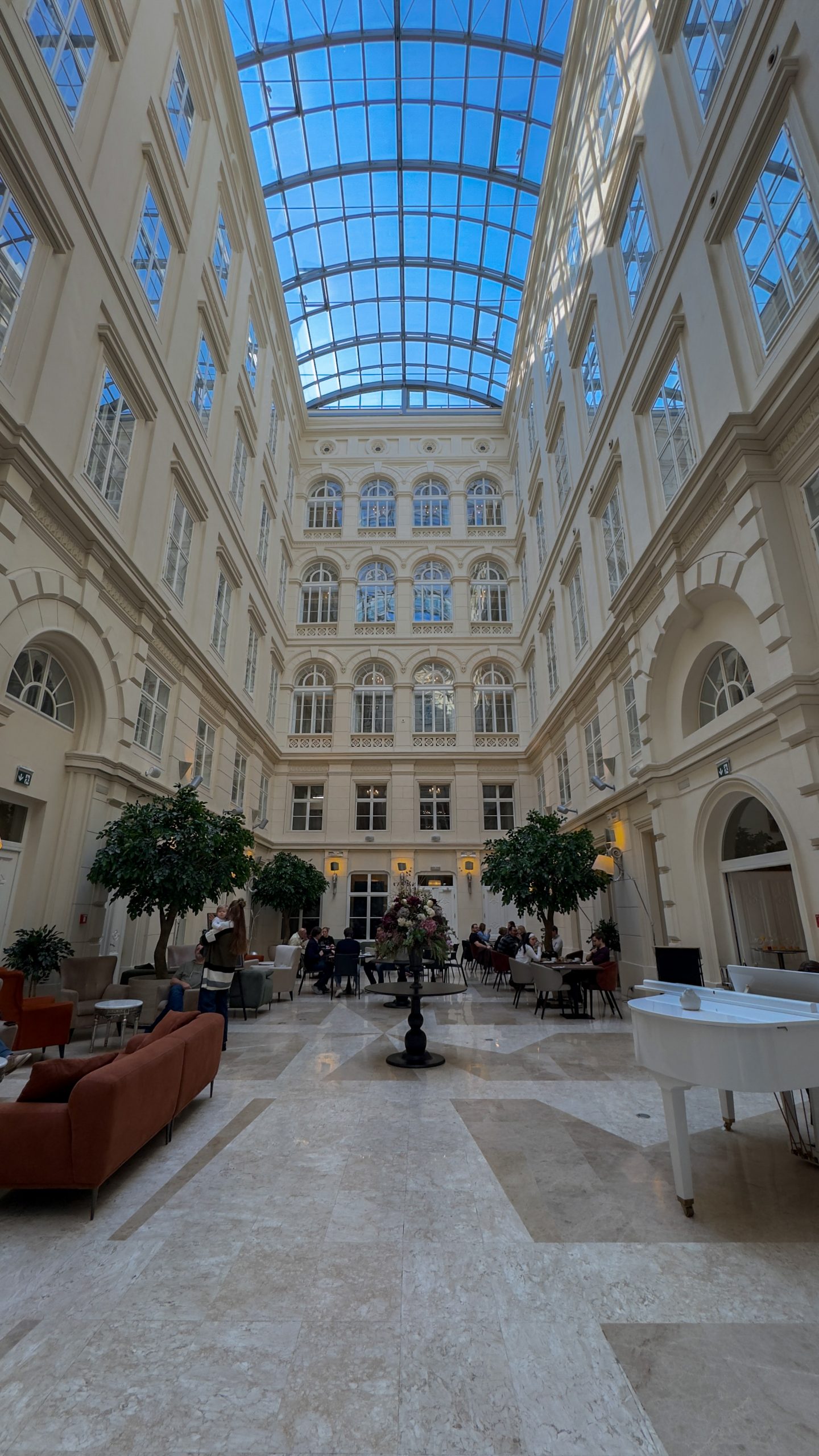 The atrium lobby at the Grand Palace Hotel in Brno