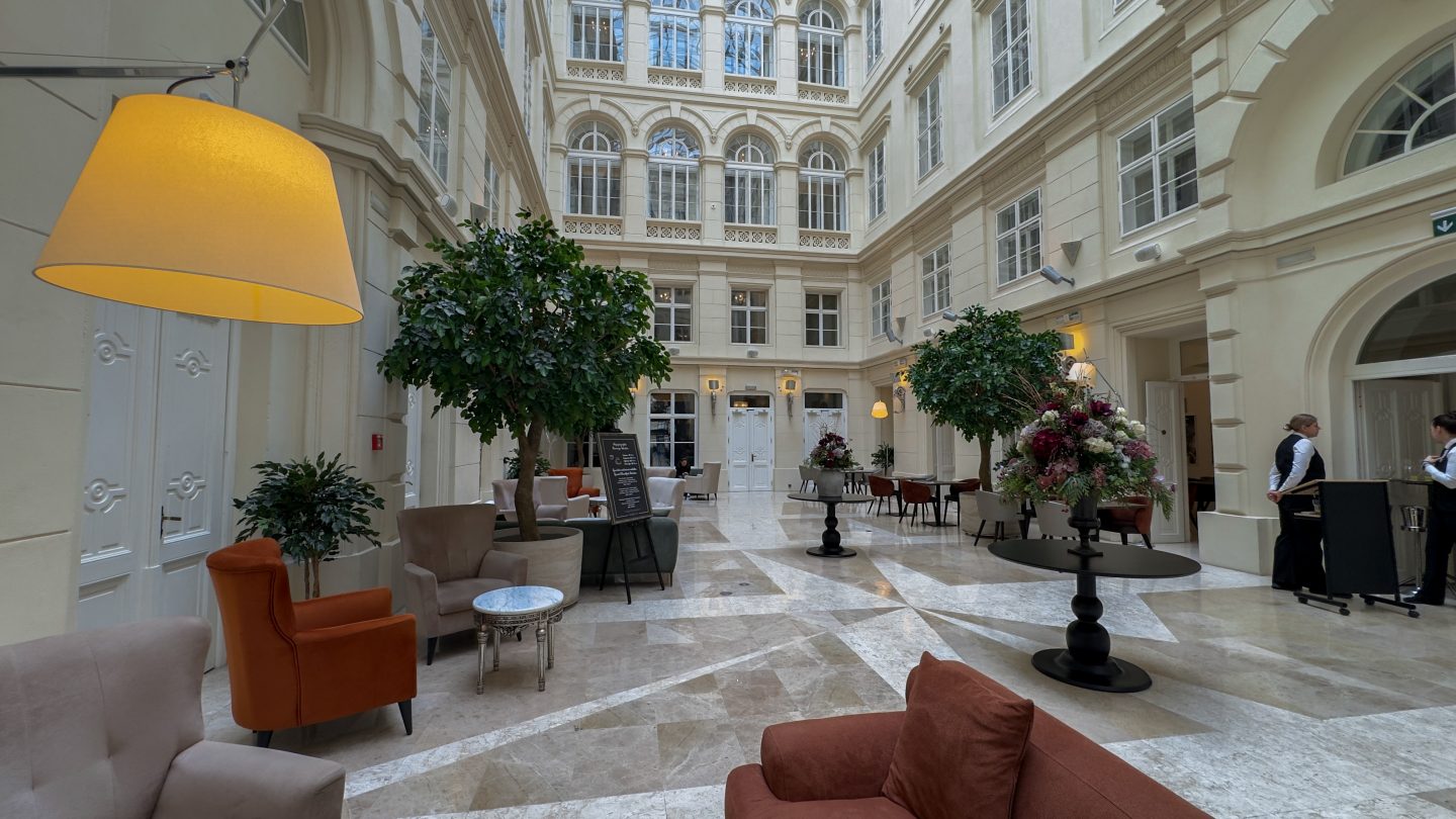 The atrium lobby at the Grand Palace Hotel in Brno