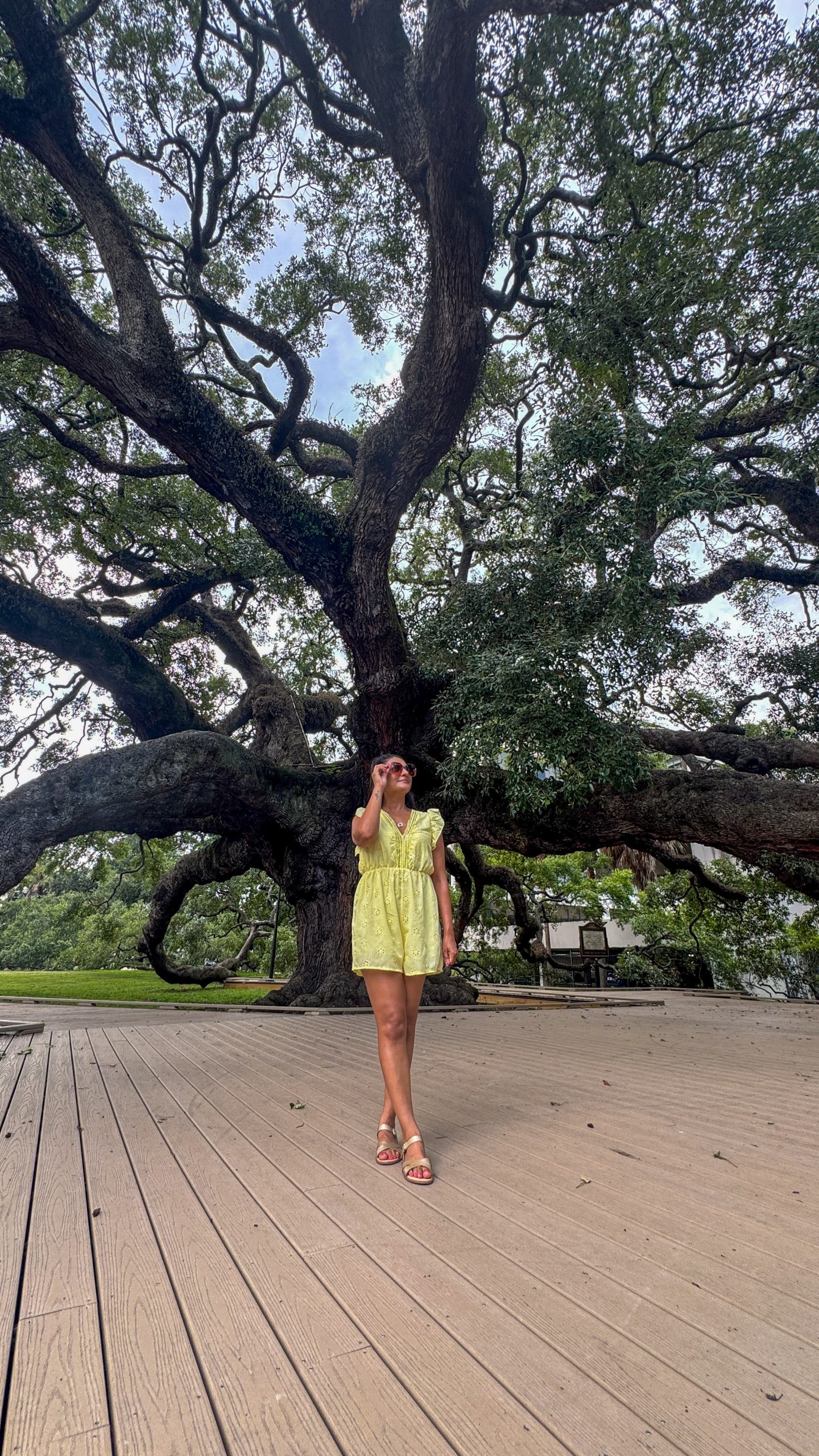 Woman standing in front of a tree, the oldest resident in Jax
